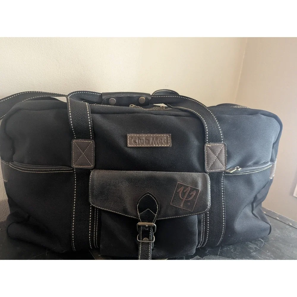 Vintage Club Med Duffel Bag Canvas Leather Trim Weekender Gym Travel